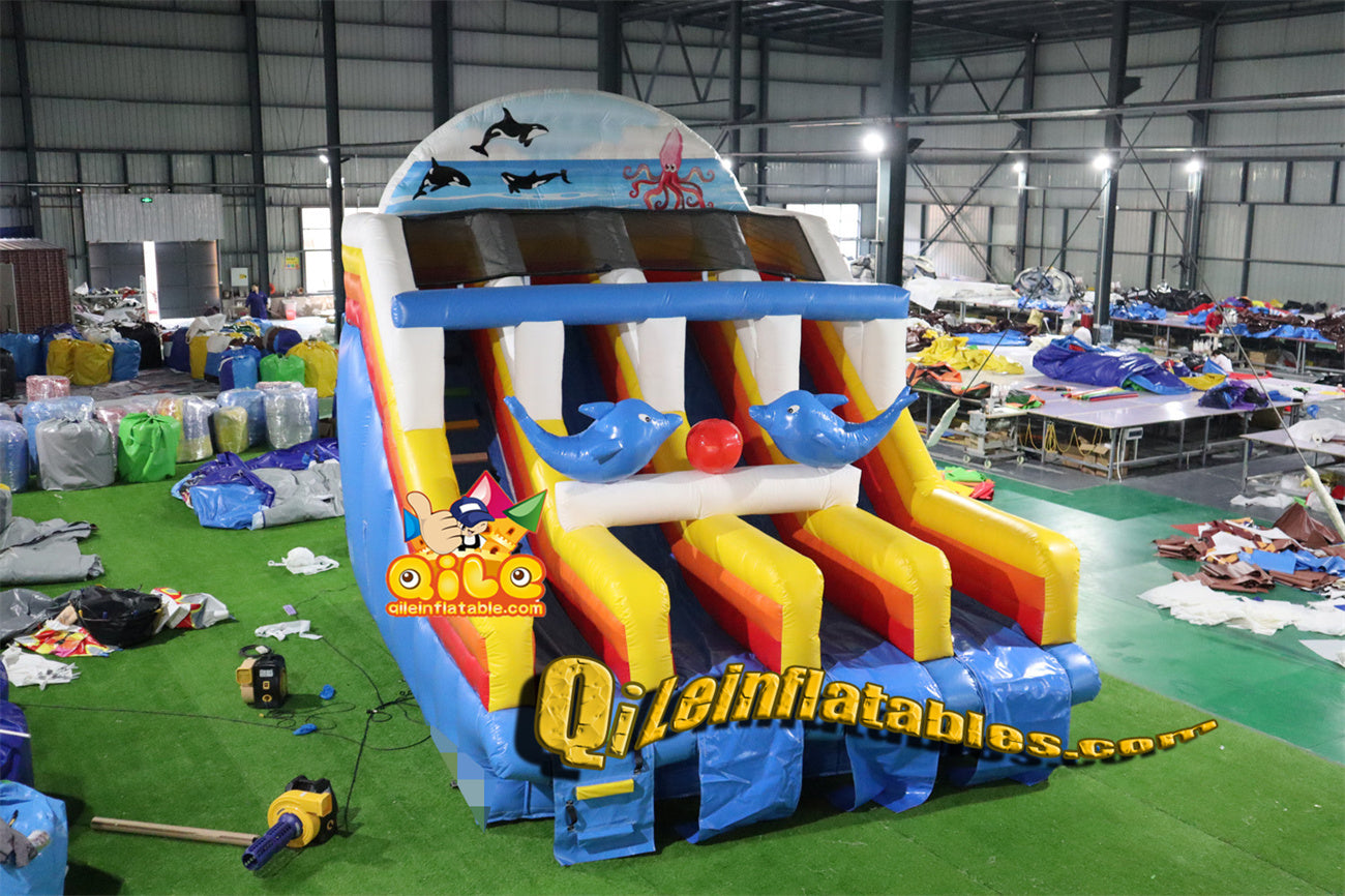 qile-6002 Double climb, double slide, blue dolphin slide with large pool