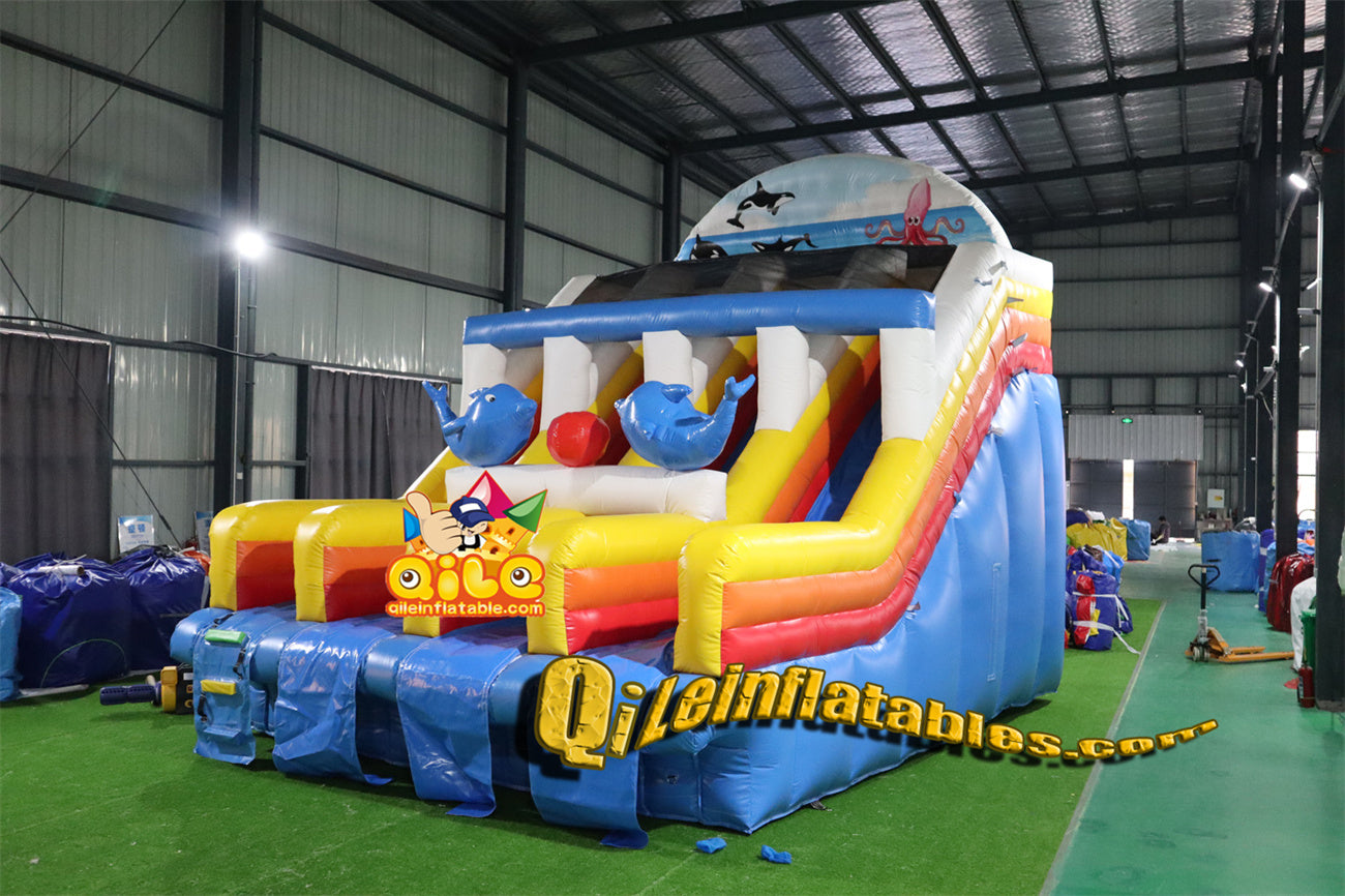 qile-6002 Double climb, double slide, blue dolphin slide with large pool
