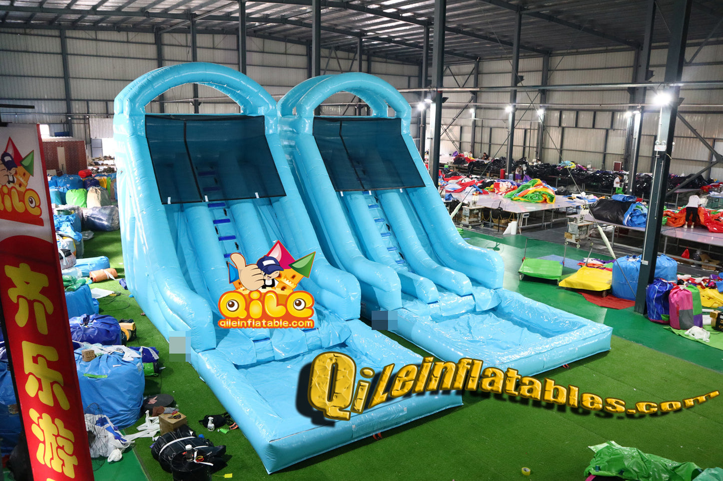 qile-2024017 Double slide blue water ripple water slide with pool