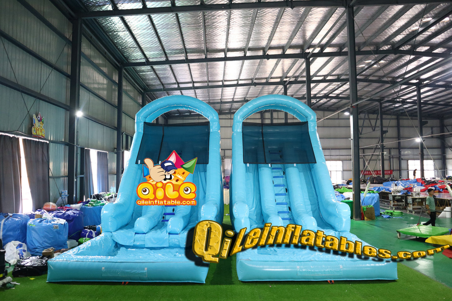 qile-2024017 Double slide blue water ripple water slide with pool