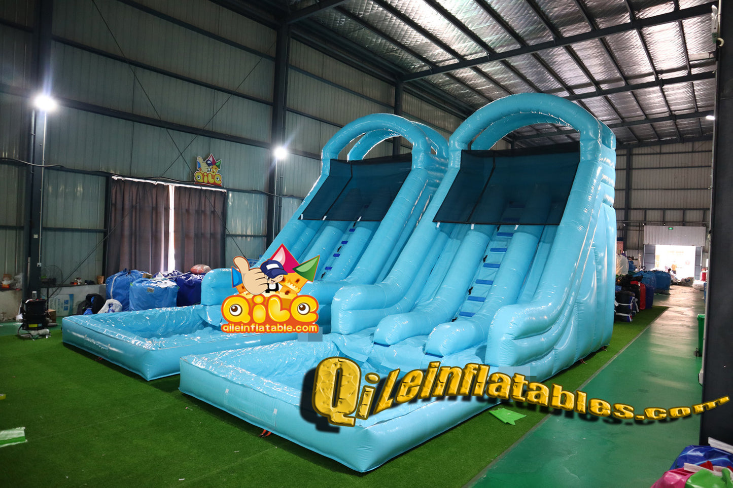 qile-2024017 Double slide blue water ripple water slide with pool