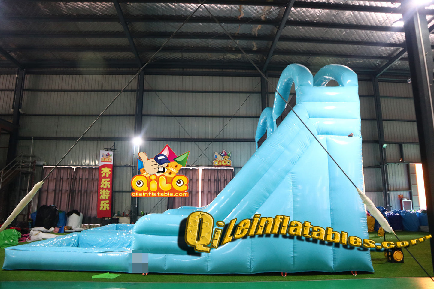 qile-2024017 Double slide blue water ripple water slide with pool
