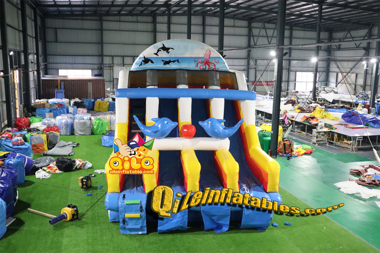qile-6002 Double climb, double slide, blue dolphin slide with large pool