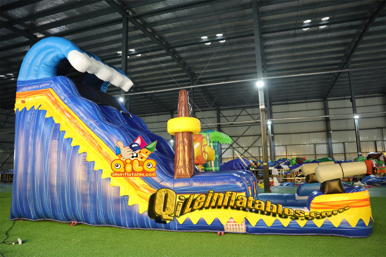 qile-6011 Blue water ripples, pirate ship theme water slide with pool