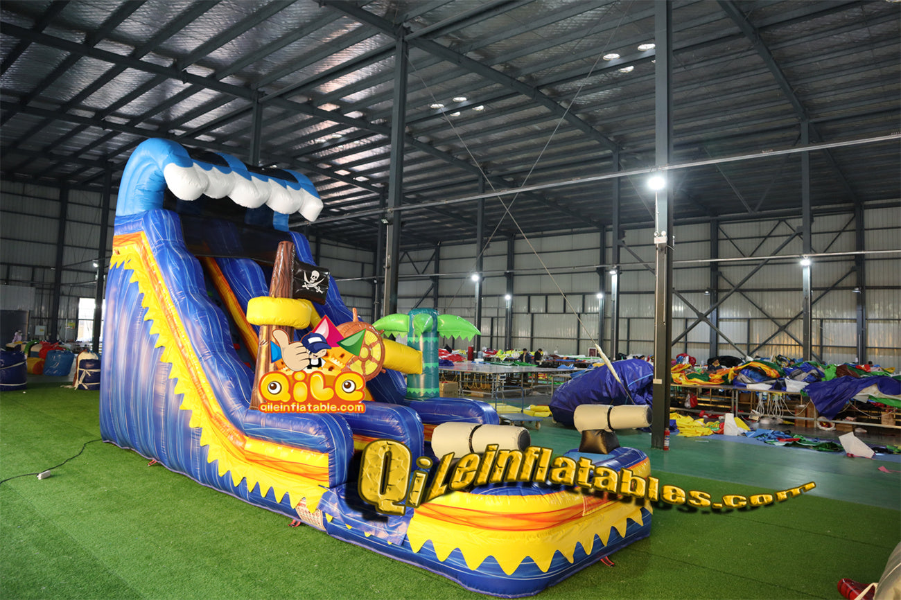qile-6011 Blue water ripples, pirate ship theme water slide with pool